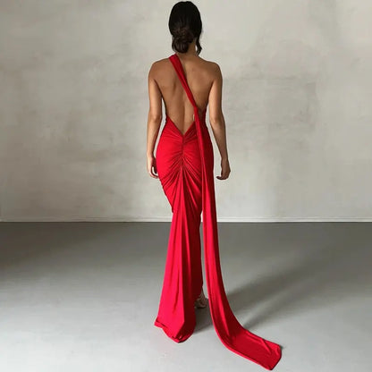 One Shoulder Backless Adjustable Scarf Loop Ruched Sexy Maxi Dress 2023 Women Elegant Y2K Vintage Dress Fashion Summer Robe Size