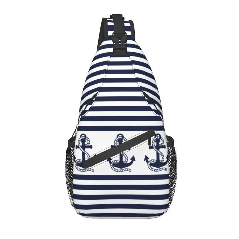 Vintage Anchor With Stripes Sling Chest Crossbody Bag Men Casual Nautical Marine Shoulder Backpack for Hiking