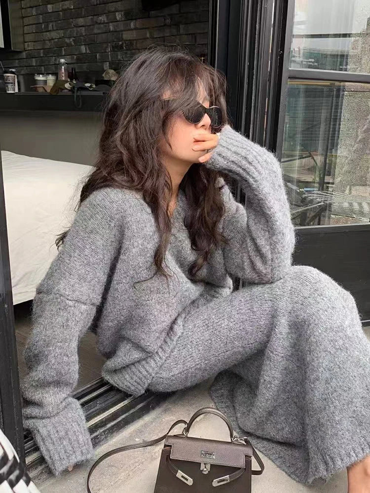Knitted Sweater Skirts 2 Piece Set for Women Winter Vintage V Neck Loose Warm Pullover Korean Korean High Waist Midi Skirts Set