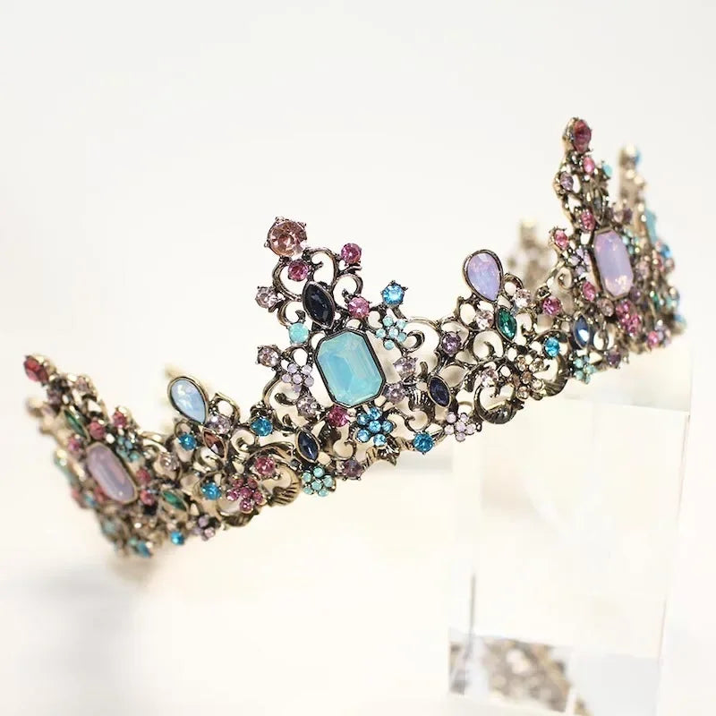 Round Colorful Crystal Rhinestone Wedding Queen Crown Headwear Retro Bridal Crown Color Headwear Crown Party Dress Hair Accessor
