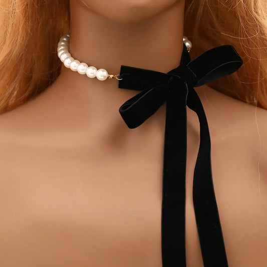 Pearl & Black Velvet Choker Necklace