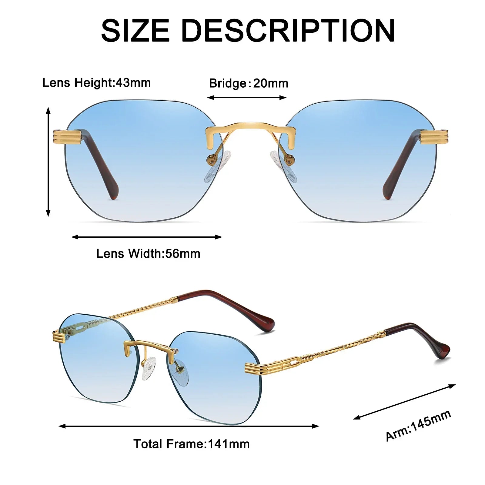 Frameless Gold Metal Ladies Sunglasses Rimless Gradient Lens Blue Fashion Sun Glasses For Men Uv400 Summer 2023