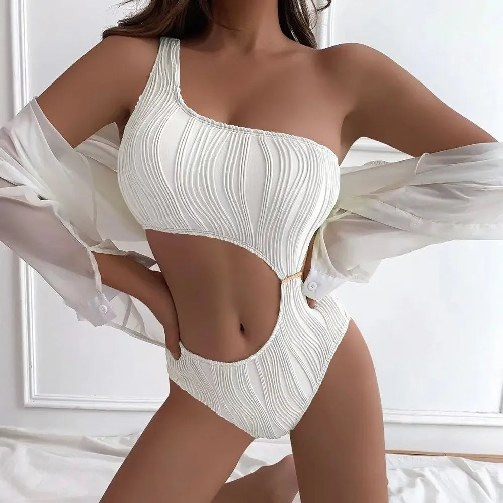 Sexy Rib One Shoulder Swimwear Women One Piece Swimsuit New 2023 High Waist Bathing Suit Cut-out Swimming for Beachwear Monokini