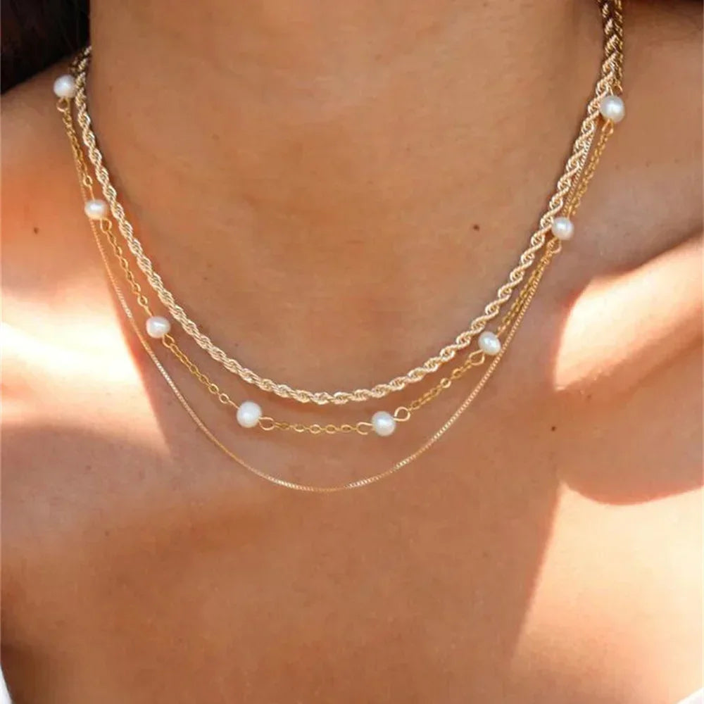 Vintage Silver-plate Geometric Exaggerated Artificial Pearl Chain Necklace For Women Female Fashion Boho Y2K Girl Jewelry Gift