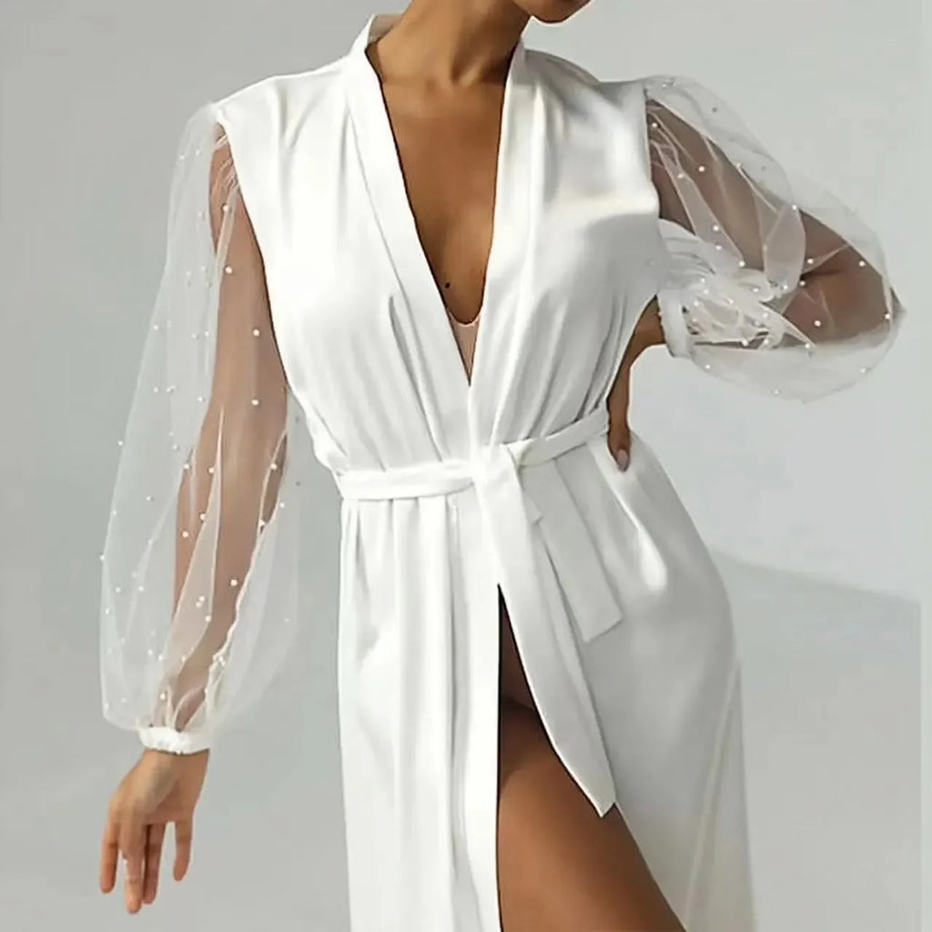 Bridal Gown with Pearl Tulle Robe Luxury High Grade Bathrobe Sexy Nightwear Women's Robe Silk Satin Pajamas Bride LUXLIFE BRANDS