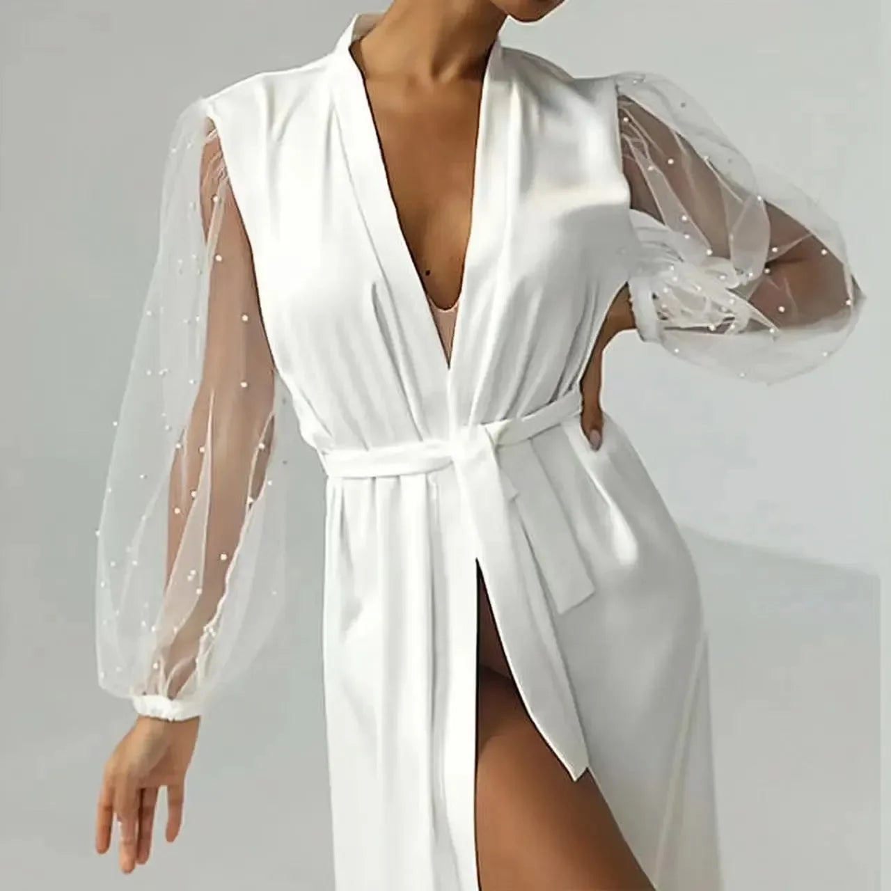 Bridal Gown with Pearl Tulle Robe Luxury High Grade Bathrobe Sexy Nightwear Women's Robe Silk Satin Pajamas Bride LUXLIFE BRANDS