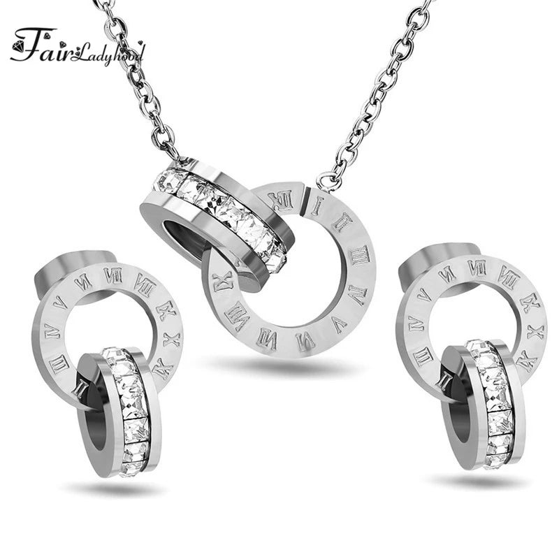 Fairladyhood Lucky Roman Digital Pendant Necklace Set Stainless  Steel Clavicle Pendant Fashion Wild Stainless Steel Jewelry Set Luxlife Brands
