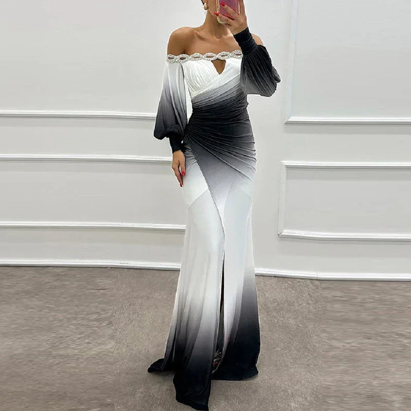 Fashion Patchwork High Waist Dress  Casual Contrasting Color Pleated Slim Long Dress New Off Shoulder Lantern Sleeve Party Dress Luxlife Brands
