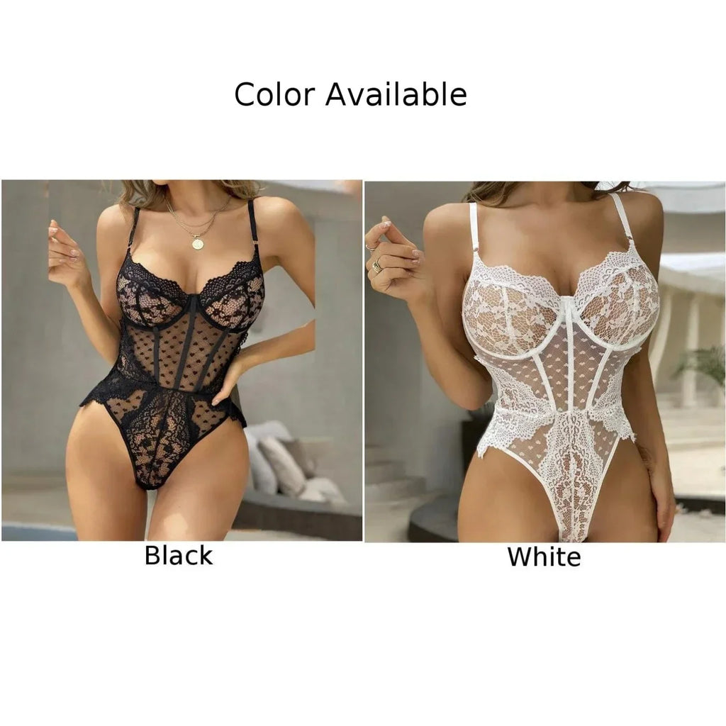 Sexy Lingerie Bodysuit Lace See Though Teddy  Women Nightwear Clubwear  Regular Length  Solid Color  Black  White