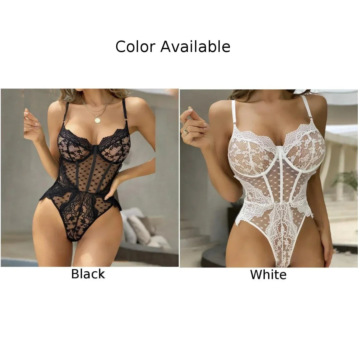 Sexy Lingerie Bodysuit Lace See Though Teddy  Women Nightwear Clubwear  Regular Length  Solid Color  Black  White