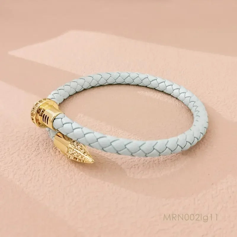MOONLIGHT Genuine Braided Leather Bracelet for Woman High Quality Classic Cubic Zirconia Nail Bracelet Female Jewelry Gifts