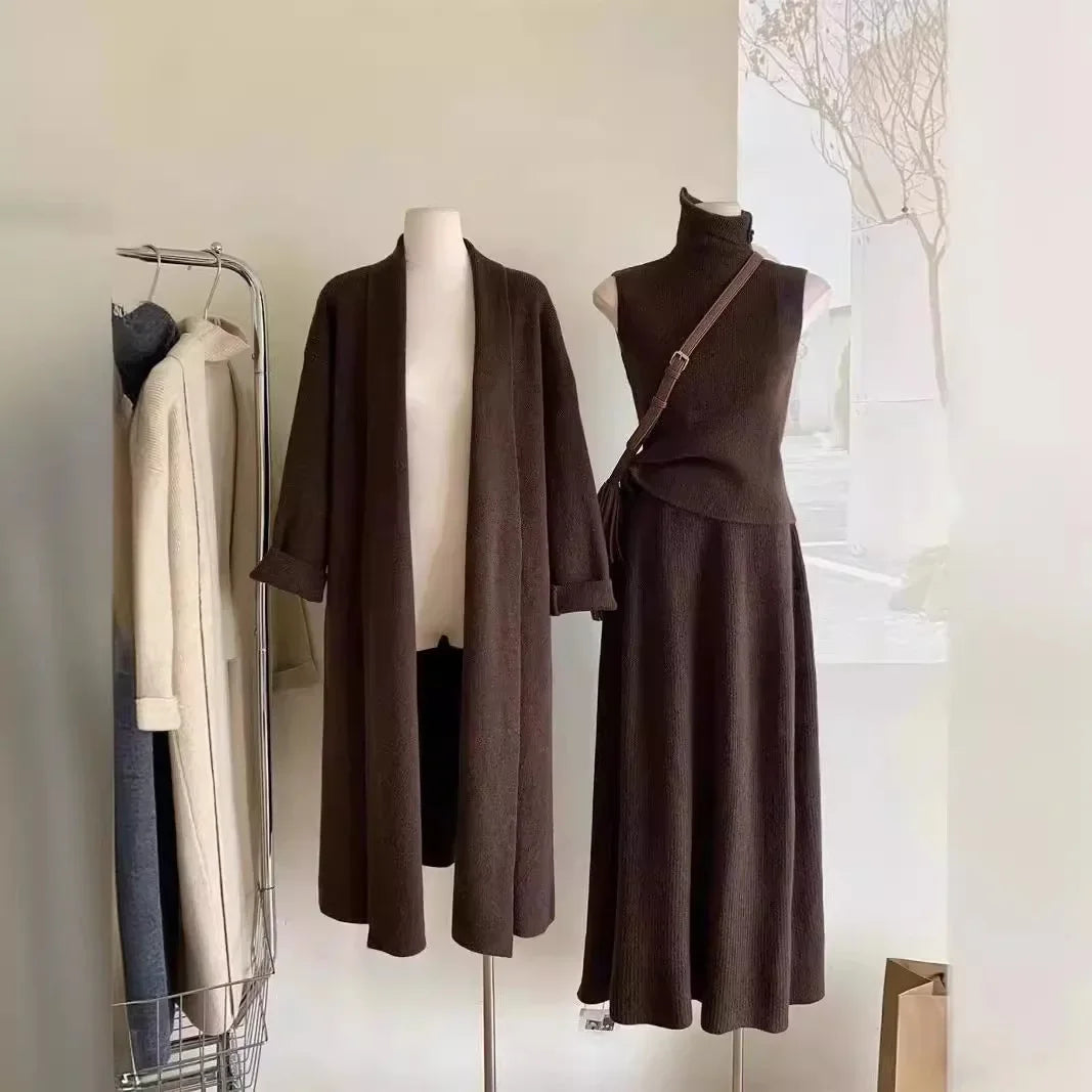 Women’s Long Sweater Vest & Top & High Waist Skirt Set