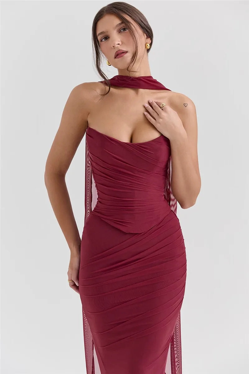 Mozision Wine Red Sexy Two Piece Sets Women Neckerchief Strapless Crop Tops And Maxi Skirt Sets Club Party Skirt Two Piece Sets Luxlife Brands