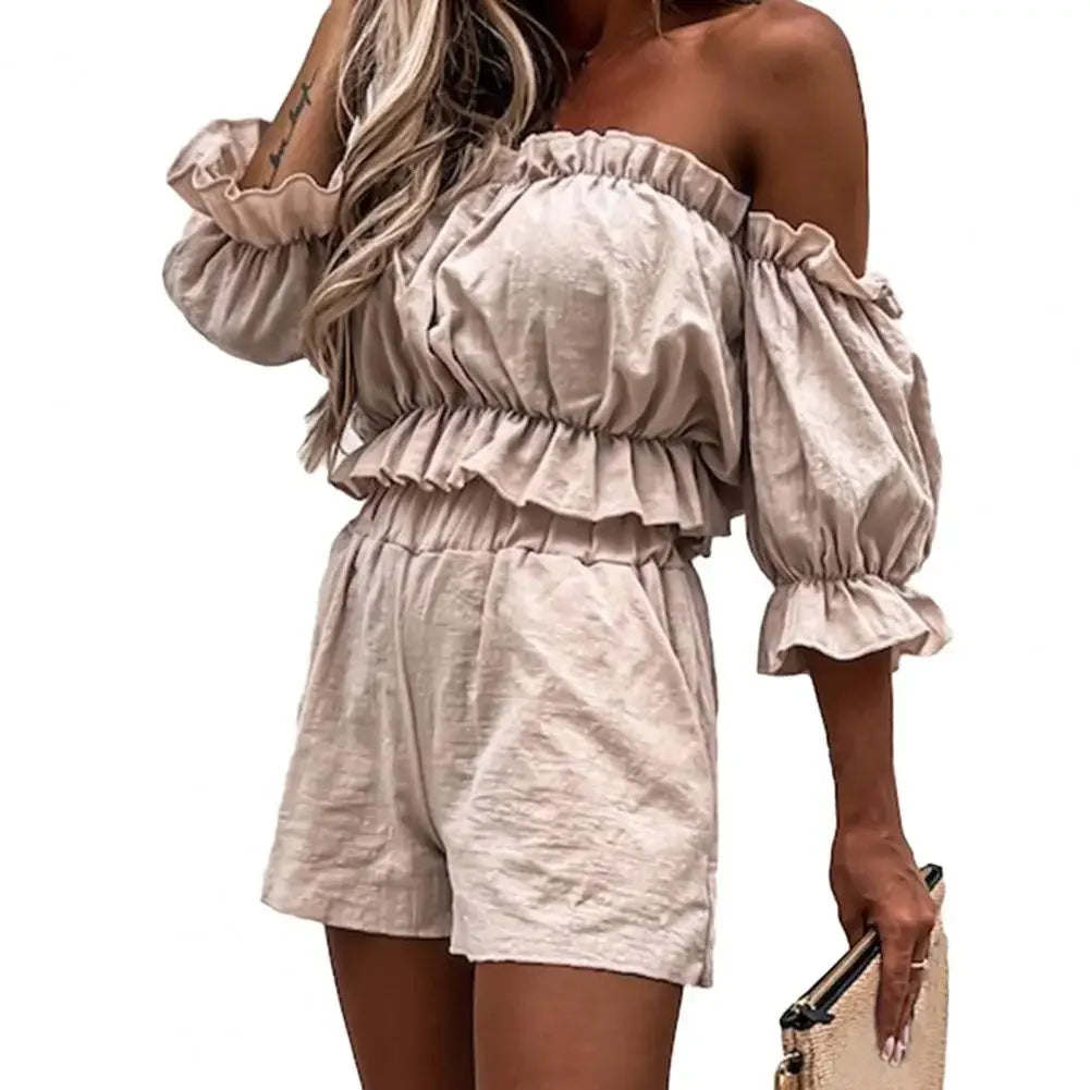 Ruffle Half Sleeve Summer Crop Top & Shorts Beach Set