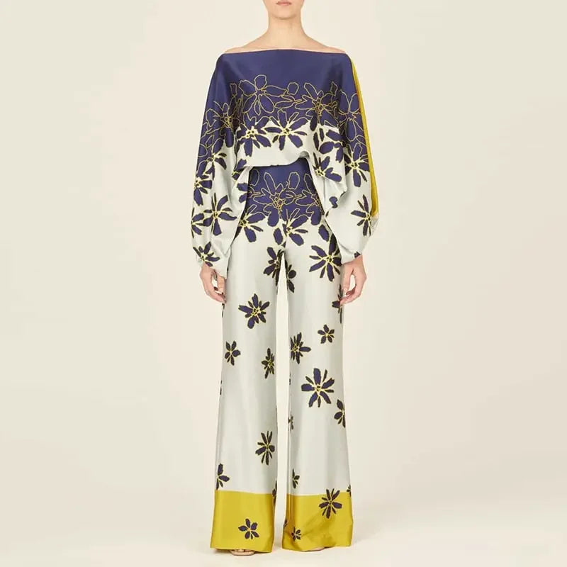 Casual Satin Commuting Suit Fashion Hollow Off Shoulder Tops With Long Pants Women 2 Piece Sets 2023 Spring Loose Print Outfits