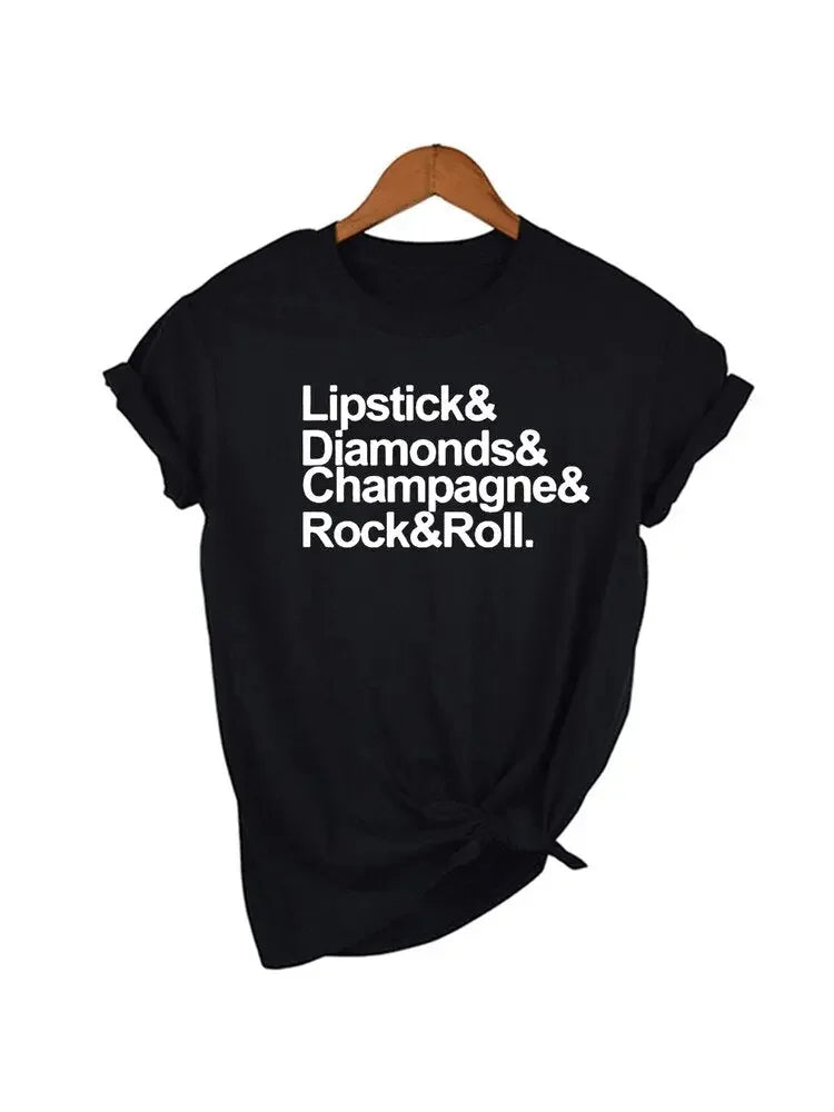 Lipstick Diamonds Champagne Rock and Roll Women Shirts Streetwear Short Sleeve Casual O-Neck T-shirt Tumblr Tops Tee tshirts