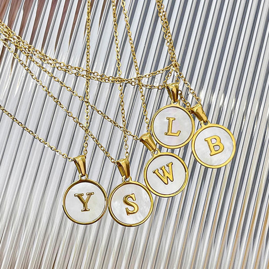 Exquisite 26 Initial A to Z Metal Round Pendant Necklace Shell Couple Clavicle Chain Sweater Chain Jewelry Accessories Gift LUXLIFE BRANDS