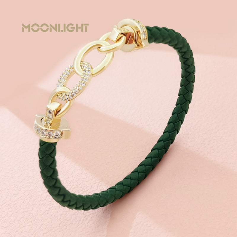 MOONLIGHT New Luxury Women's Zircon Ring Round Bracelet Genuine Braided Leather Bracelet for Woman Fashion Accessories 8 colors