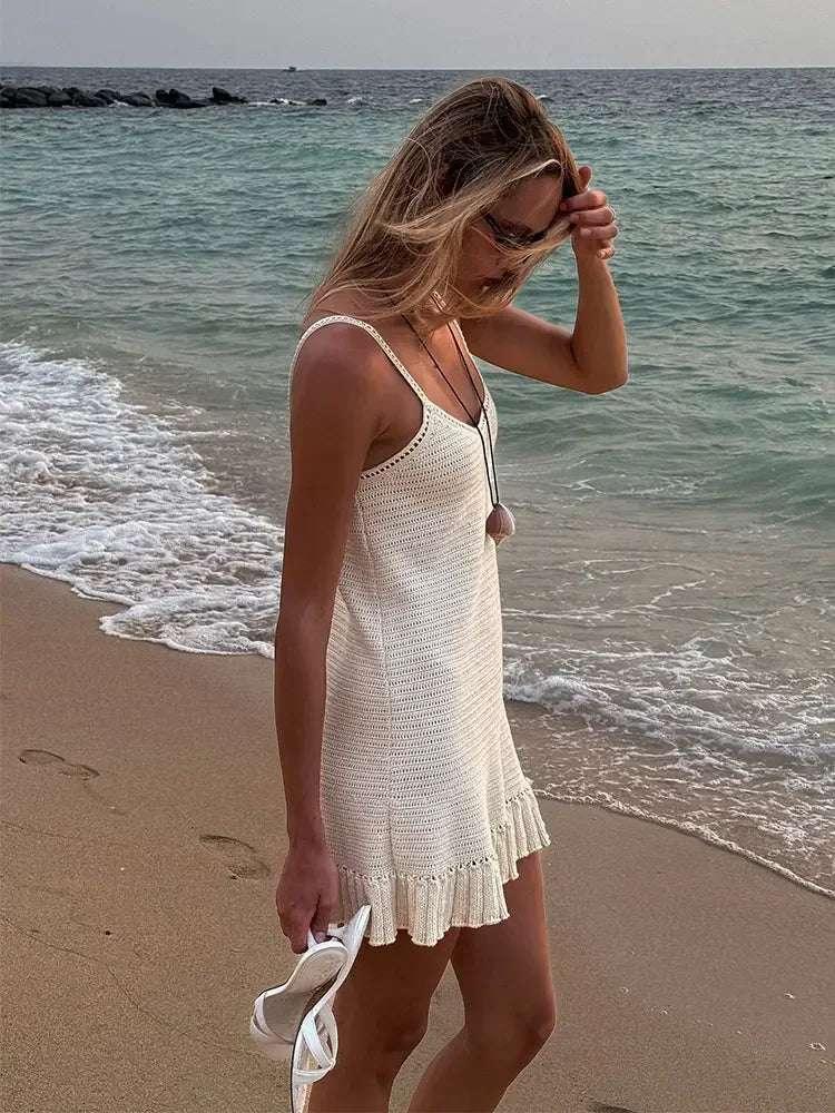 Sexy Crochet Halter V Neck Chic Ruffle Knit Beach Mini Dress 2025 Women Comfy Swimsuit Cover Up Seaside Holiday Club Dresses K58