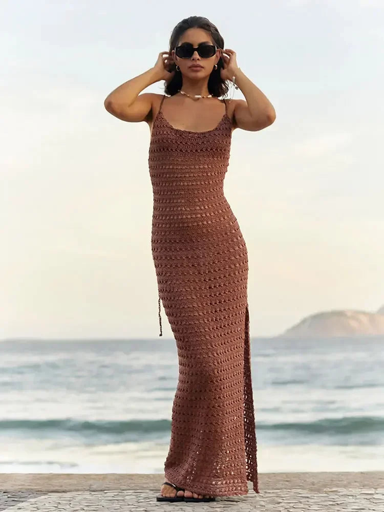 Sexy Knit Cut Out Tassel Spaghetti Strap Bodycon Beach Maxi Dress Summer Women's Holiday Club Party Outfit Swimsuit Cover Up K10 Luxlife Brands