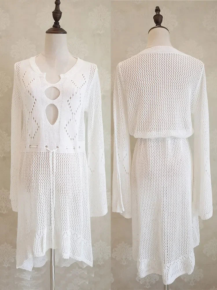 2023 Summer Women Beachwear Sexy White Crochet Tunic Beach Wrap Dress Woman Swimwear Swimsuit Cover-ups Bikini Cover Up #Q719 LUXLIFE BRANDS