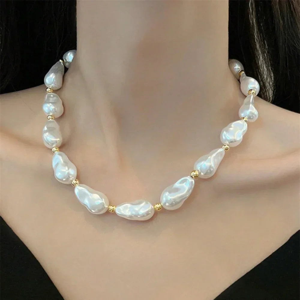 Vintage Silver-plate Geometric Exaggerated Artificial Pearl Chain Necklace For Women Female Fashion Boho Y2K Girl Jewelry Gift