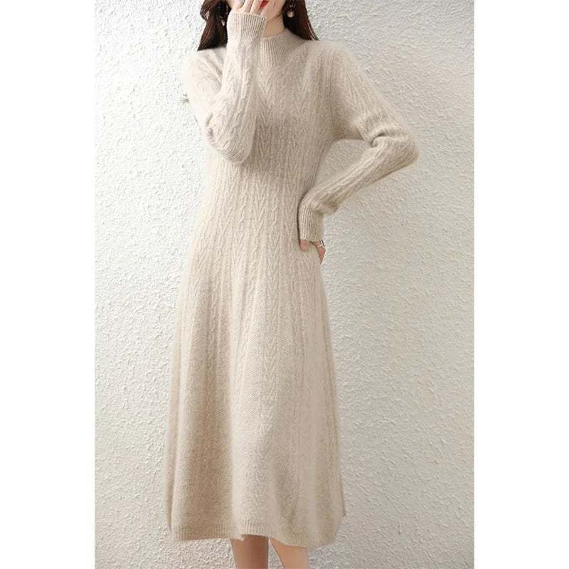 Elegant Fashion Dresses Cashmere Sweater Knitted Long Dress 100% Merino Wool Women Turtleneck Office Skirt Autumn Winter Clothes LUXLIFE BRANDS