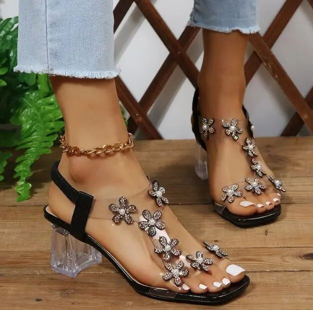 Sandals Women&#39;s Summer New Fashion Women&#39;s Shiny Butterfly Flowers Rhinestone Transparent Root Open Toe Sandals Women&#39;s Shoes