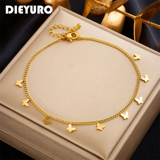 DIEYURO 316L Stainless Steel Gold Color Butterfly Anklets For Women Girl New Trend Leg Chain Non-fading Jewelry Gift Party LUXLIFE BRANDS