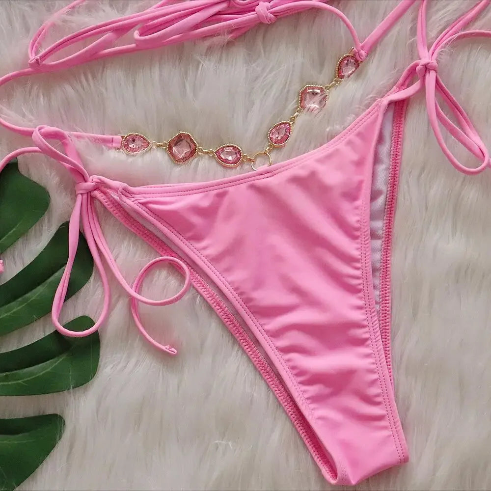 Pink Sexy Bikinis Swimsuit With Rhinestones Women Swimwear Female Push Up Bikini Beach Swim Wear Bathing Suit Pool Bather 2025 Luxlife Brands