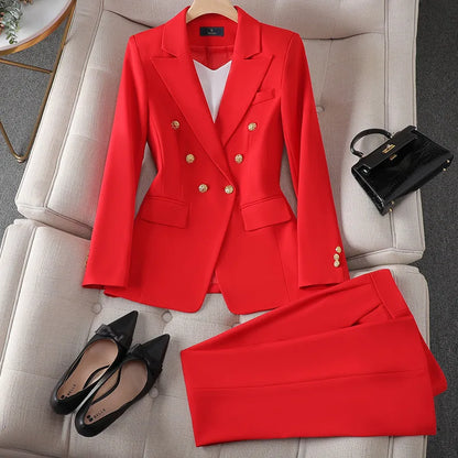 Fashion Office Ladies Formal Pant Suit Set Women Blue Pink Yellow Female Business Work Wear 2 Piece Blazer Jacket And Trouser