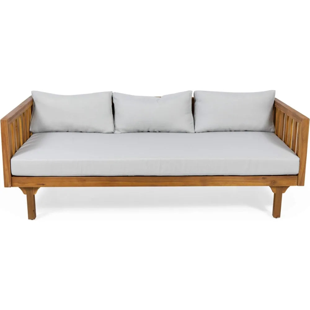 Teak Finish Garden Furniture Tina Outdoor 3 Seater Acacia Wood Daybed Sofa Light Grey