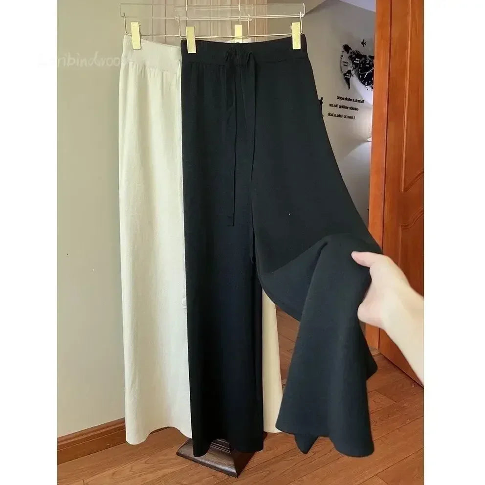 2023 Slim Simple Knit Wide-leg Pants Women's Autumn and Winter High-waisted Moped Pants Thick Casual Pants Straight Luxlife Brands