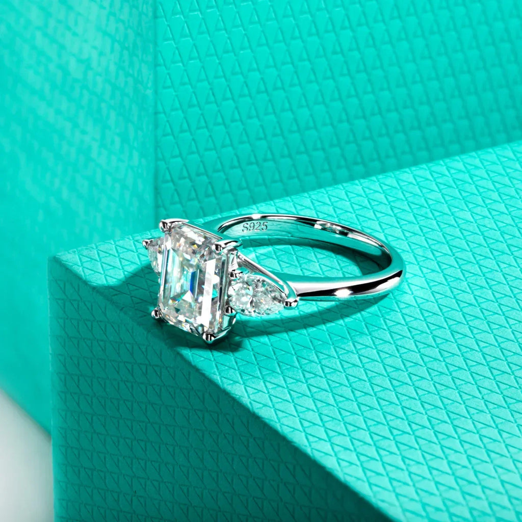 AnuJewel 4ct D Color Emerald Cut Moissanite & 0.5ct Pear Cut Engagement Ring 18K Gold Plated Ideal for Weddings Women's Gifts