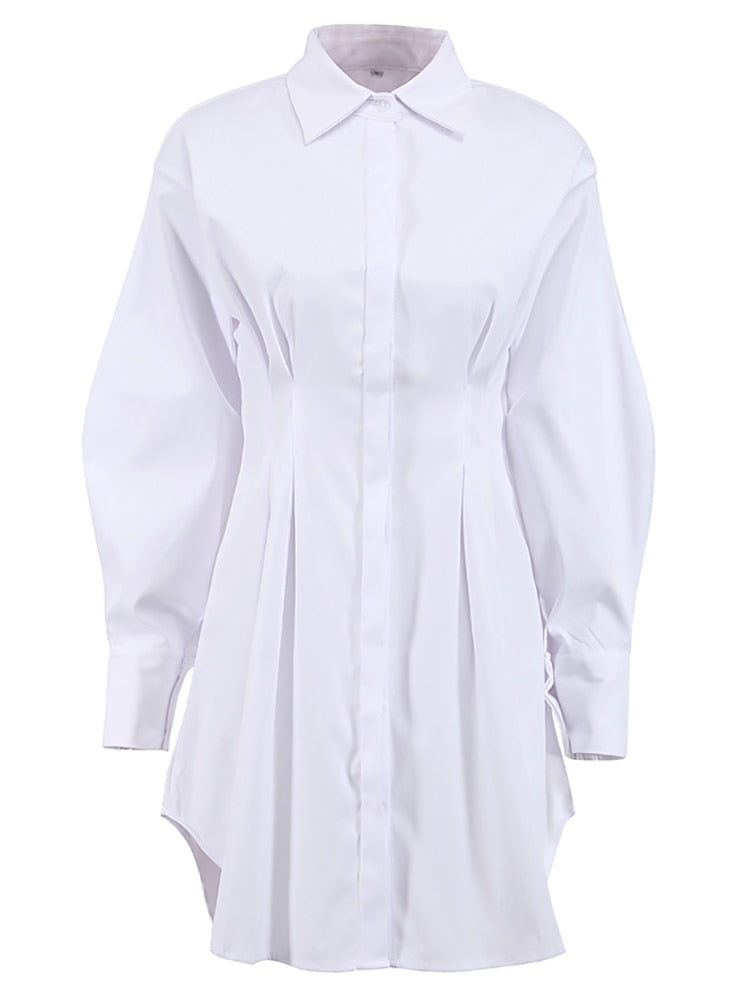 Mnealways18 Spring Summer Bodycon Dress Women Khaki Long Sleeve Pleated Shirt Dress Office Ladies Solid Lapel Casual Mini Dresss