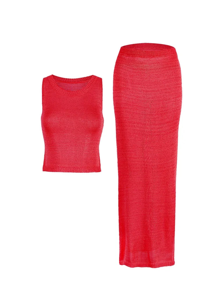 Women Sexy Knit See-through Shiny Top Half Long Skirt Set 2025 Summer Beachwear Swimsuit Cover Up 2 Piece Party Club Outfit K68 Luxlife Brands