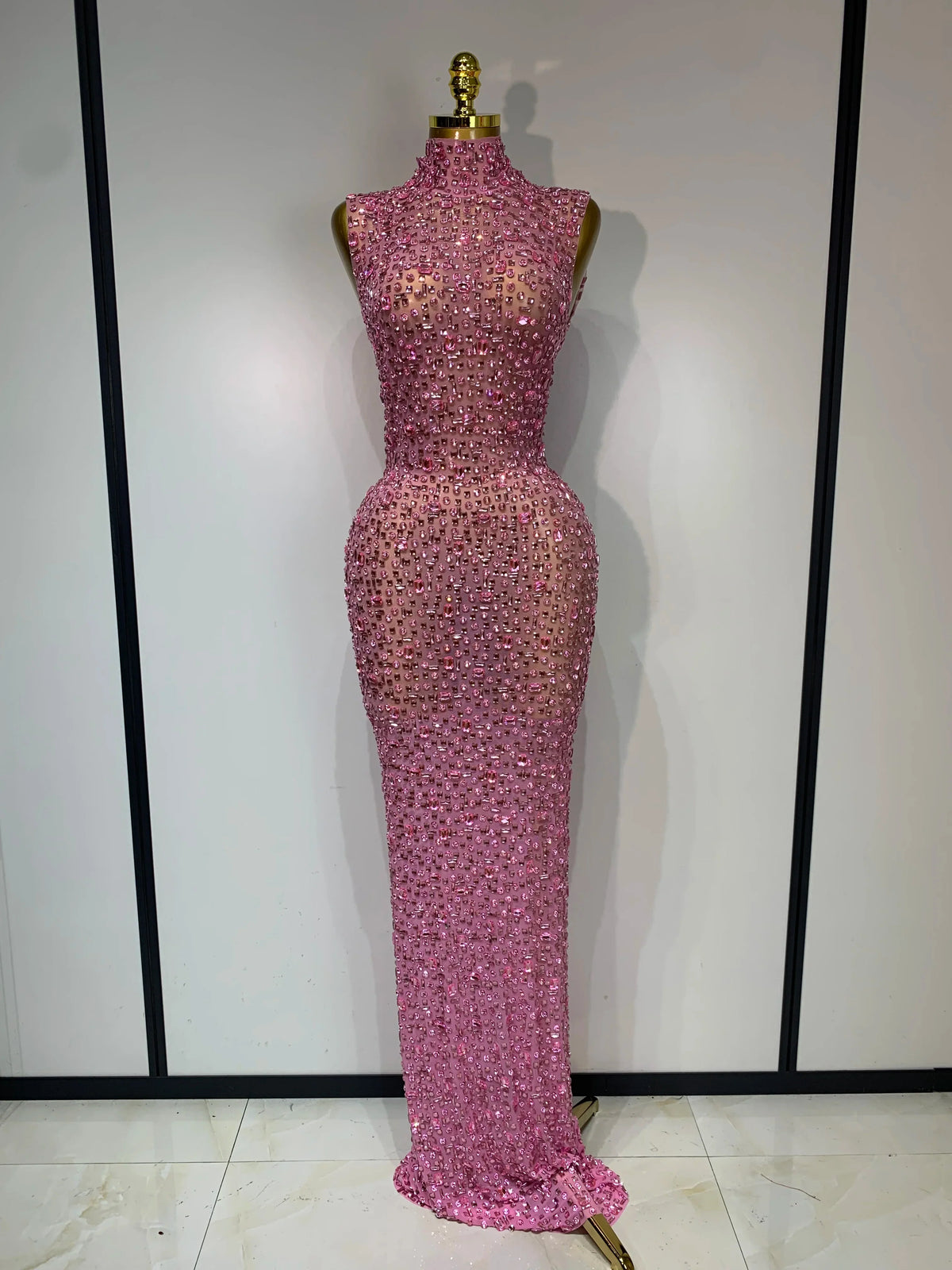 Sparkly Rhinestone Sleeveless Maxi Long Dress See-Through Sheer Mesh Stage Outfit