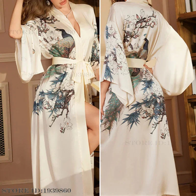 New Long Robe Women's Sleepwear Print Flower Kimono Bathrobe Gown Yukata Loose Silk Satin Nightdress Homewear Intimate Lingerie