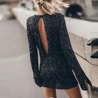 2023 Women Glitter Party Cocktail Party Dress Fashion Long Sleeve Backless Dress Temperament Elegant Sexy Sequined Evening Dress Luxlife Brands