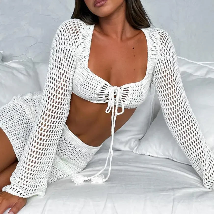 Yiiciovy Women's Sexy Holiday Knittd Bikini Cover Up Sets Beach Hollow Out Crocheted Top + Skirt Sexy Lady See Through Beach Set
