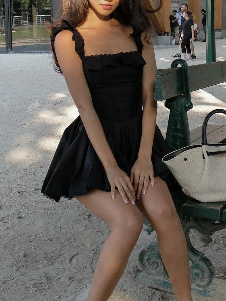 Bella Black Square Neck Pleated Mini Dress LUXLIFE BRANDS