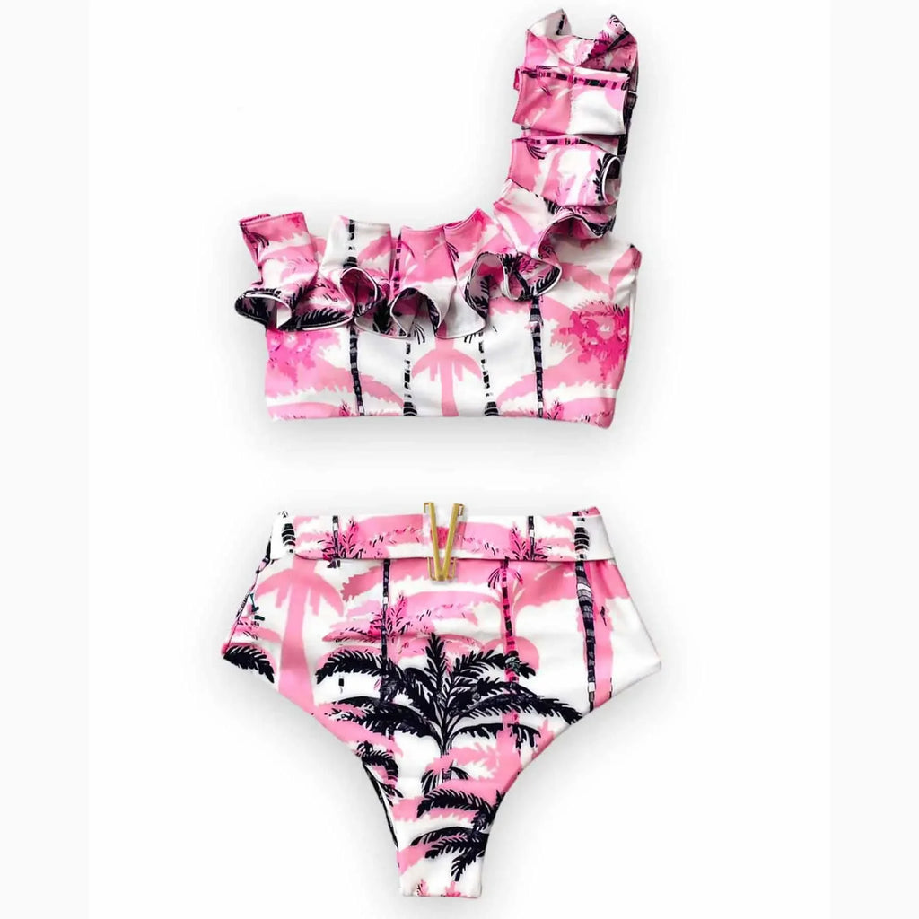 2024 Sexy Bikini Set Women High Waist Classic Off Solid Ruffle Sleeves Swimwear Red Separate Deep V Swimsuit Vintage Beach Set