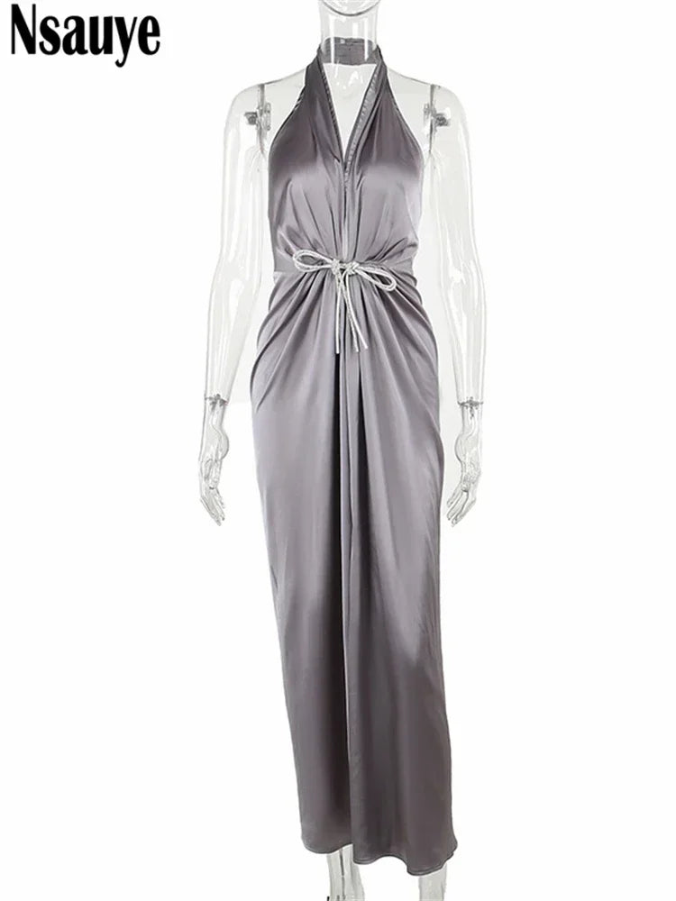 Valerie Satin Halter Maxi Dress LUXLIFE BRANDS