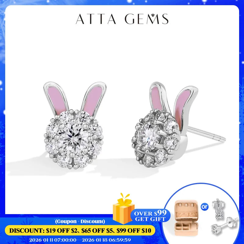 ATTAGEMS S925 Sterling Silver Moissanite Diamond Earrings Enamel Design Rabbit Shape For Women Girls Birthday Gifts Fine Jewelry