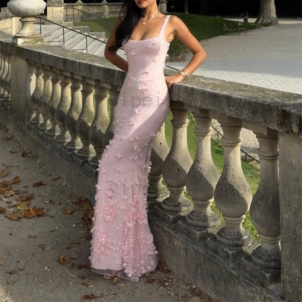 Customized square collar mermaid Evening Dresses spaghetti strap Party Dress 3D Flowers Sequined Lace Appliques Long Prom Gown Luxlife Brands