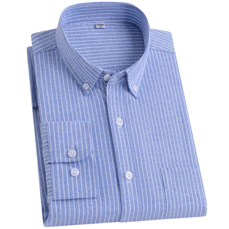 Cotton Blend Long Sleeve Striped Oxford Shirt