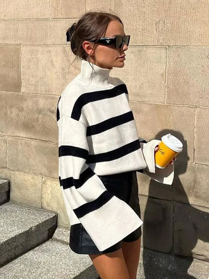 Striped Side Split Knitted Pullovers For Women Vintage Casual Flare Sleeve O-Neck Jumpers 2023 Loose Autumn Winter Warm Sweaters LUXLIFE BRANDS