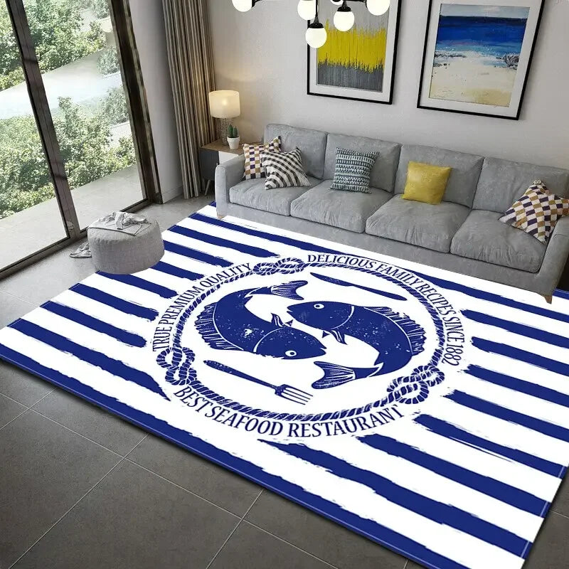 Dark Blue Stripe Ocean Lighthouse Area Rug Anchor Boat Decor Carpet Floor Mat Soft Carpet for Living Room Bathroom Kitchen