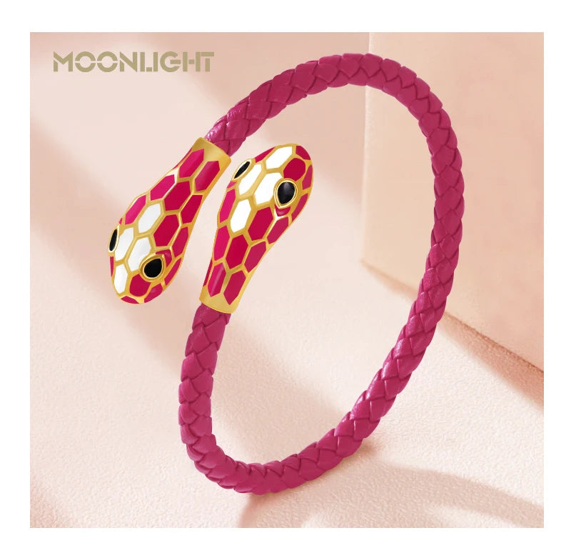 Double Snake Head Cuff Bangles Braided Leather