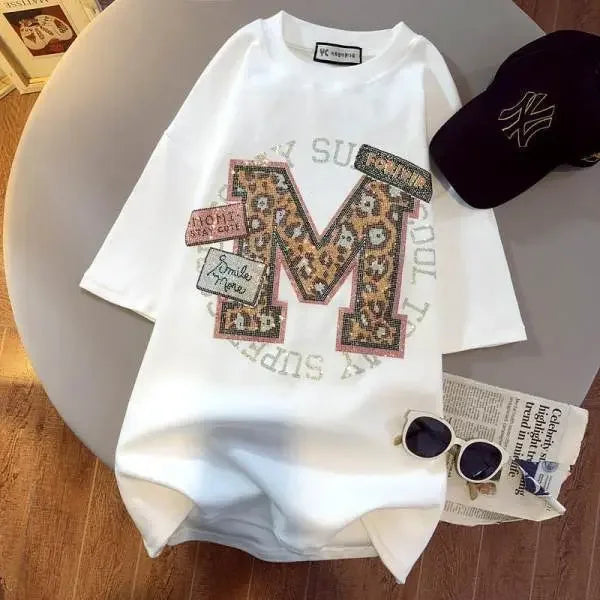 Summer T Shirt for Women Cotton Letter Hot Drill Oversized Clothes Loose Short Sleeved Top Luxury Designer Graphic Tees Women